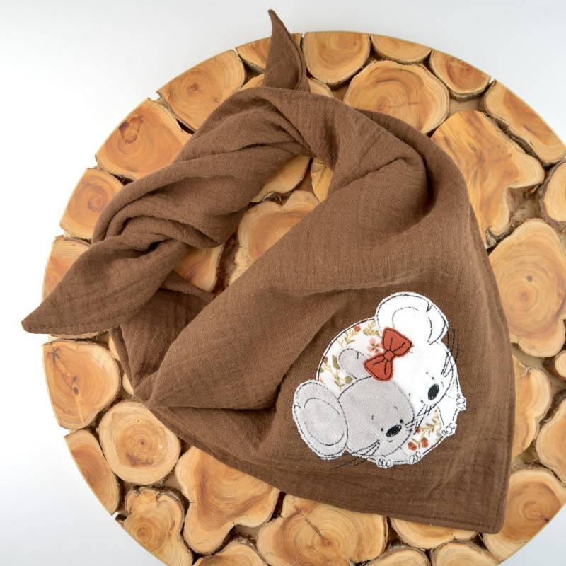 2 Größen/Musselin Tuch Dreieckstuch Kinder Baby Tierapplikation Mäuse in Braun Halstuch Maus Tier Große Farbauswahl von ullinahandmade