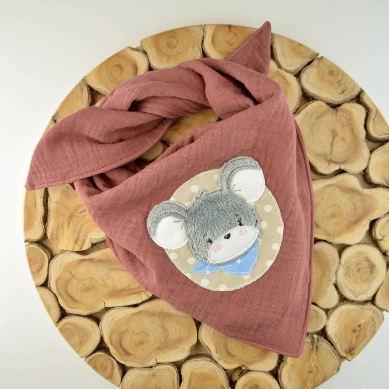 2 Größen/Musselin Tuch Dreieckstuch Kinder Baby Tierapplikation Maus in Rotbraun Große Farbauswahl von ullinahandmade
