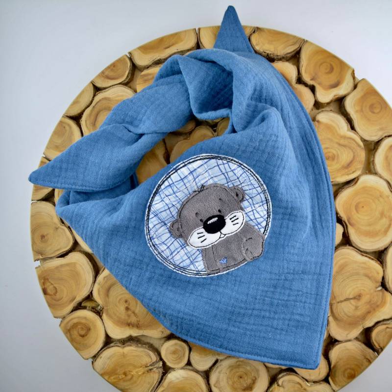 2 Größen/Musselin Tuch Dreieckstuch Kinder Baby Tierapplikation Otter Biber in Blau Große Farbauswahl von ullinahandmade