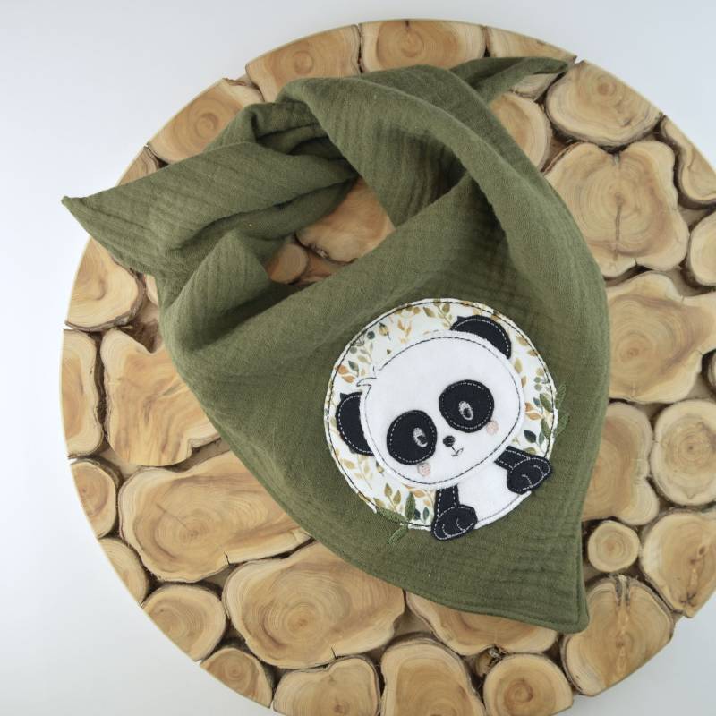 2 Größen/Musselin Tuch Dreieckstuch Kinder Baby Tierapplikation Pandabär in Olivgrün Panda Große Farbauswahl von ullinahandmade