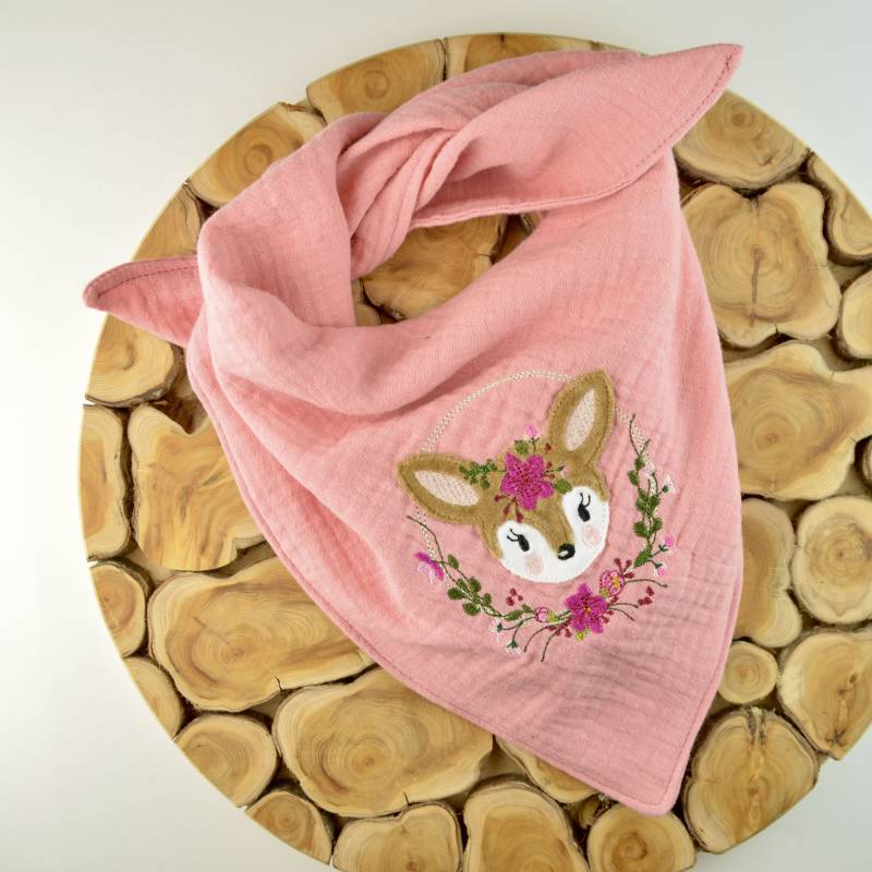 2 Größen/Musselin Tuch Dreieckstuch Kinder Baby Tierapplikation Reh in Rosa Große Farbauswahl von ullinahandmade