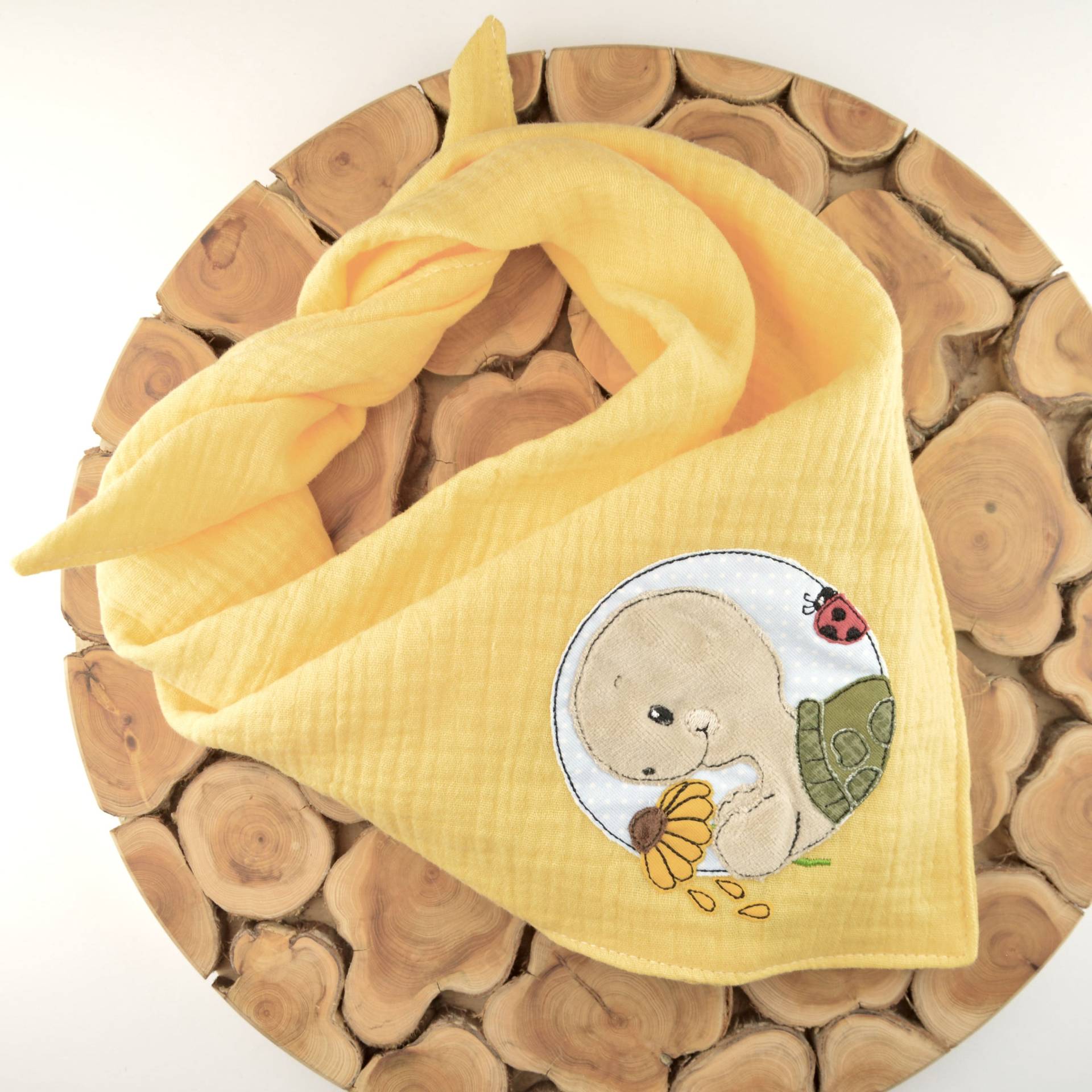 2 Größen/Musselin Tuch Dreieckstuch Kinder Baby Tierapplikation Schildkröte Auf Zitronengelb Punkte Blume Große Farbauswahl von ullinahandmade