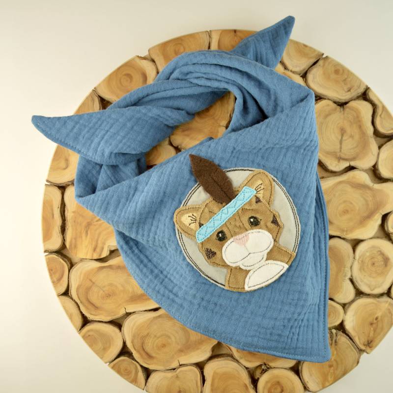2 Größen/Musselin Tuch Dreieckstuch Kinder Baby Tierapplikation Tiger in Jeansblau Blau Große Farbauswahl von ullinahandmade