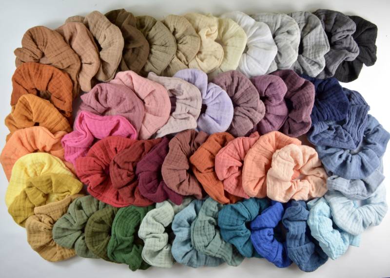 2 Größen Srunchie Musselin/Haargummi Zopfgummi Schwarz Grau Weiß Beige Rost Grün Blau Gelb Rosa Einfarbig Uni von ullinahandmade