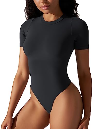 Ulsfaar Damen Shapewear Bodysuit Rundhals Kurze Ärmel Weich Tanga Jumpsuit Bauchkontrolle, Schwarz, S von ulsfaar