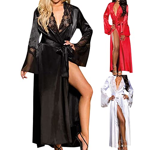 Dessous Damen Sexy UnterwäSche,Damen Kimono Spitzen Robe Volant Langarm Transparent Weiter Ärmel Morgenmantel Reizwäsche Nachtwäsche Bademantel mit G-String Gürtel Spitze Satin Dessous Große Größen von umifyxioy