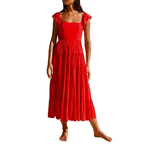 Kleid Damen Sommer Kariert Tie Strap A-Linie Smocked Maxikleid Square Neck Flowy Rüschen Langes Strandkleid Spaghettiträger Boho Sommerkleid Partykleid von umifyxioy