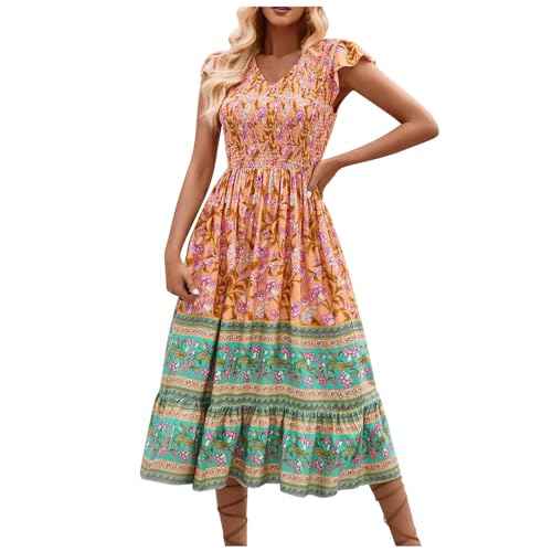 Kleid Damen Sommer Kariert Tie Strap A-Linie Smocked Maxikleid Square Neck Flowy Rüschen Langes Strandkleid Spaghettiträger Boho Sommerkleid Partykleid von umifyxioy