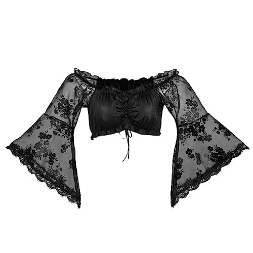 umifyxioy Dirndl Bluse Damen Fledermaus Langarm Dirndlbluse Sexy Schulterfrei Trachtenbluse Elegante Spitze Dirndlblusen Weiß Schwarz Trachten Spitzenbluse Oktoberfest Kostüm Spitzendirndlbluse von umifyxioy