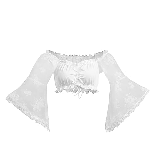 umifyxioy Dirndl Bluse Damen Fledermaus Langarm Dirndlbluse Sexy Schulterfrei Trachtenbluse Elegante Spitze Dirndlblusen Weiß Schwarz Trachten Spitzenbluse Oktoberfest Kostüm Spitzendirndlbluse von umifyxioy