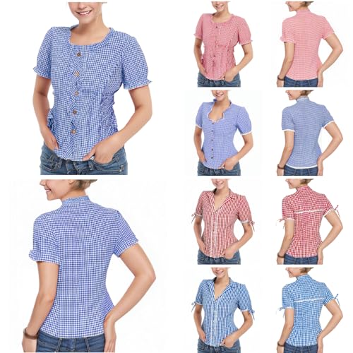umifyxioy Dirndl Bluse Damen Kariert Kurzarm Dirndlbluse V-Ausschnitt Rundhals Trachtenbluse mit Knopf Trachten Bluse Elegante Spitze Dirndlblusen Spitzenbluse Oktoberfest Kostüm Spitzendirndlbluse von umifyxioy