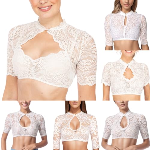 umifyxioy Dirndl Bluse Damen Kurzarm Dirndlbluse Hochgeschlossen Sexy Cut Out Tracht Bluse Spitze Trachtenbluse Halbarm Dirndlblusen Elegante Weiß Schwarz Spitzendirndlbluse Oktoberfest Outfit von umifyxioy