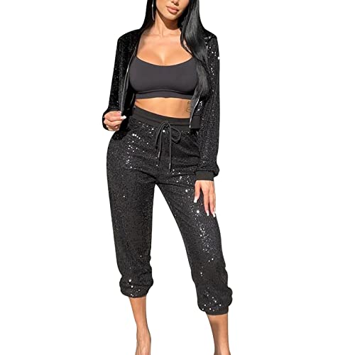 umifyxioy Hosen Damen, Damen Hose 7/8 Glitzer Länge Leichte Sommerhose Strandhose Weich Bequem Loose Einfarbig Freizeithose Jogginghose Haremshose Mit Kordelzug Party Club Lang Hosen Sommerhosen von umifyxioy