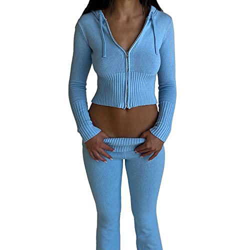 umifyxioy Jogginganzug Damen, Damen Y2K Zweiteiler Hose und Pullover Strick Reißverschluss Up Crop Hoodies Vintage Sweatshirts mit Kapuze und Hose 90er Lounge Set Sportanzug Traingsanzug Jogginganzug von umifyxioy