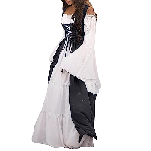 umifyxioy Mittelalter Kleidung Damen, Damen Renaissance Kleid Langarm Schulterfrei Schnürung Gothic Kleid Trompetenärmel Lange Renaissance Viktorianisches Vintage Mittelalter Kostüme Damen Maxikleid von umifyxioy