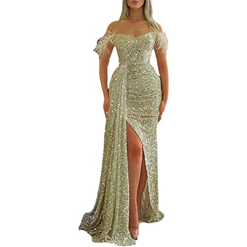 umifyxioy Sommerkleid Damen, Damen Sexy Schulterfrei Split Cocktailkleider Damen Hochzeitskleid Frauen Festliches Kleid Glänzend Pailletten Elegant Lang Abend Party Ballkleid Brautjungfer Maxikleid von umifyxioy