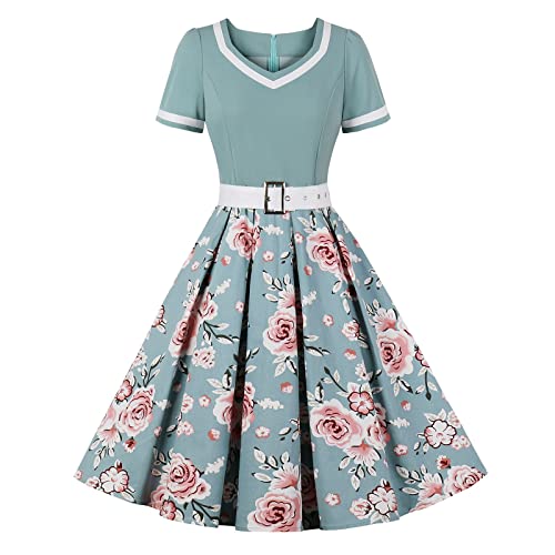 umifyxioy Sommerkleid Damen, Damen Vintage Cocktailkleid Kurzarm 1950er Blumendruck Retro Rockabilly Swing Kleid A Linie Faltenrock Knielang Hochzeit Festlich Abendkleid Ballkleid von umifyxioy