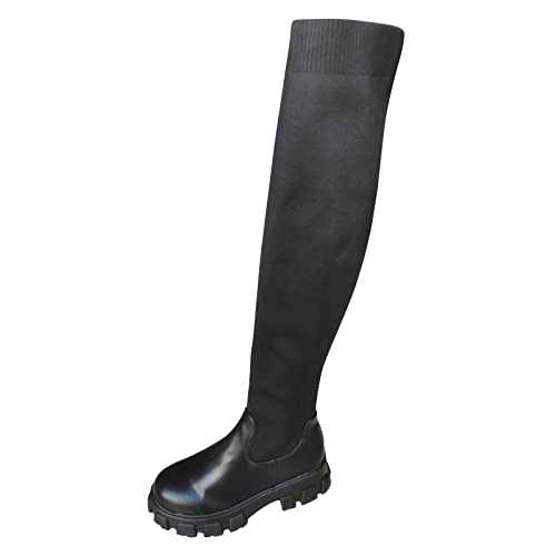 umifyxioy Stiefel Damen,Damen Winterstiefel Overknee Hohe Stiefel Winter Lange Stiefel Oberschenkel Hohe Stiefel Schuhe Lang Boots Gestrickt Obermaterial Plateaustiefel mit Niedrige Absätze von umifyxioy