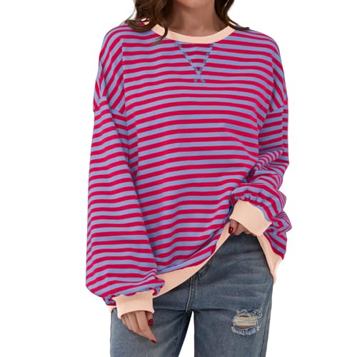 umifyxioy Sweatshirt Damen, Damen Sweatshirt Oversized Gestreift Pullover Rundhals Langarm Shirt Casual Lose Streifen Langarmshirt Lässig Striped Pulli Y2K Top übergroß Lange Oberteile Tops von umifyxioy