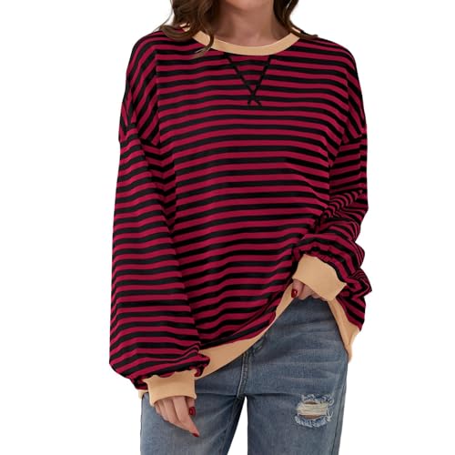 umifyxioy Sweatshirt Damen, Damen Sweatshirt Oversized Gestreift Pullover Rundhals Langarm Shirt Casual Lose Streifen Langarmshirt Lässig Striped Pulli Y2K Top übergroß Lange Oberteile Tops von umifyxioy