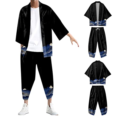 umifyxioy Trainingsanzug Herren, Herren Trainingsanzug 2 Teiliges Kimono Cassock Drucken Cardigan Antik Digitaldruck Soutane Strickjacke Freizeitanzug Hemd Kurz Hemd Anzug Jogginganzug von umifyxioy