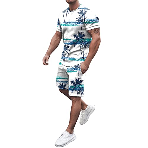 umifyxioy Trainingsanzug Herren, Herren Trainingsanzug 2 Teiliges Strand Kurzarm T Shirt + Kurz Hose Outfit mit Print Hawaii Shirts Strandshorts Jogginganzug Anzug Strandbekleidung Sommer von umifyxioy