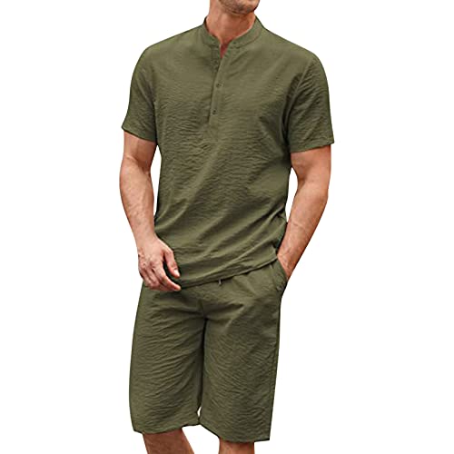 umifyxioy Trainingsanzug Herren, Herren Trainingsanzug Zweiteiler Kurzarm Shirt + Kurz Hosen Outfit Baumwolle Leinen Anzug Einfarbig Freizeitanzug Lässige Jogginganzug Sommer Sportbekleidung von umifyxioy