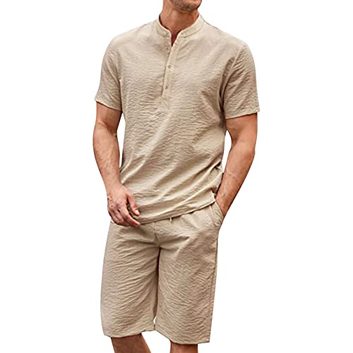 umifyxioy Trainingsanzug Herren, Herren Trainingsanzug Zweiteiler Kurzarm Shirt + Kurz Hosen Outfit Baumwolle Leinen Anzug Einfarbig Freizeitanzug Lässige Jogginganzug Sommer Sportbekleidung von umifyxioy