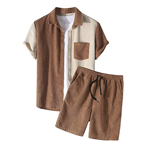 umifyxioy Trainingsanzug Herren Sommer, Herren Trainingsanzug Hawaiihemd Zweiteiliges Jogginganzug Strandurlaub Outfit Farbblock Patchwork Freizeitanzug Hemd Kurzarm + Kurz Hose Männer Sommer Sets von umifyxioy