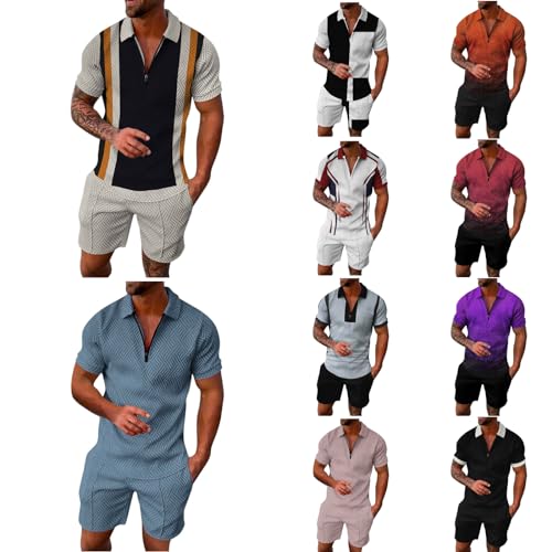 umifyxioy Trainingsanzug Herren Sommer Sportanzug 2 Teiliges Outfit Sport Set Kurzarm Zipper Revers Poloshirts + Kurze Hose Sets Freizeitanzug Männer Business Polo Hemd Hosen Hawaii Anzug Tracksuit von umifyxioy