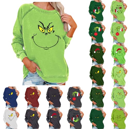 umifyxioy Weihnachten Pullover Damen Grinch Weihnachtspullover 3D Lustig Drucken Sweatshirt Oversize Grün Weihnachts Grinch Kostüm Langarmshirt Casual Frauen Herbst Winter Festlich Oberteile Tops von umifyxioy