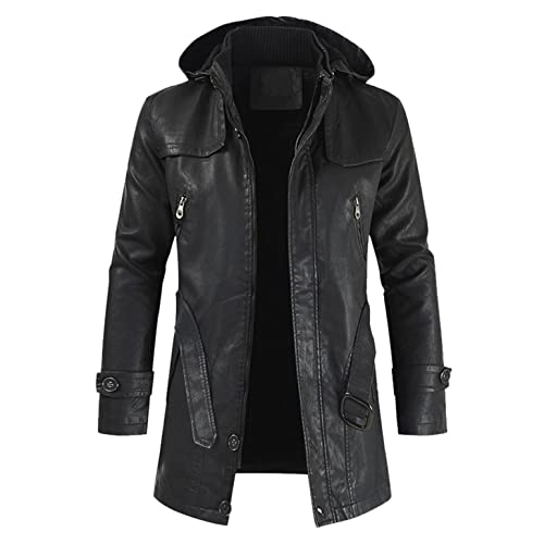 umifyxioy jacke herren winter,Herren Lederjacke Übergangsjacke mit Kapuze Kunstleder Motorradjacke Herrenjacke Cool Stylisch Vintage Slim Fit Lange Jacke Freizeit Winter Mantel Bikerjacke von umifyxioy