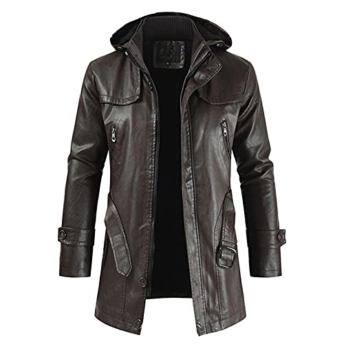 umifyxioy jacke herren winter,Herren Lederjacke Übergangsjacke mit Kapuze Kunstleder Motorradjacke Herrenjacke Cool Stylisch Vintage Slim Fit Lange Jacke Freizeit Winter Mantel Bikerjacke von umifyxioy