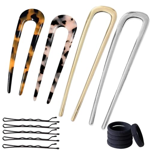 4 Stück French Hair Pin Französische Haarnadel U-Förmige Haargabel Groß Haarpin Gold und Silber Haarspangen Dunkle und Helle Schildpatt Spangen für Frauen Alle Haartypen von umyeoqoyo