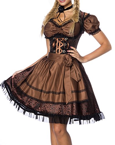 Dirndl Kleid Kostüm mit Bluse und Schürze aus Jacquard Stoff und Spitze Spitzenstoff Oktoberfest Dirndl braun/schwarz L Oberteil dunkel von unbekannt
