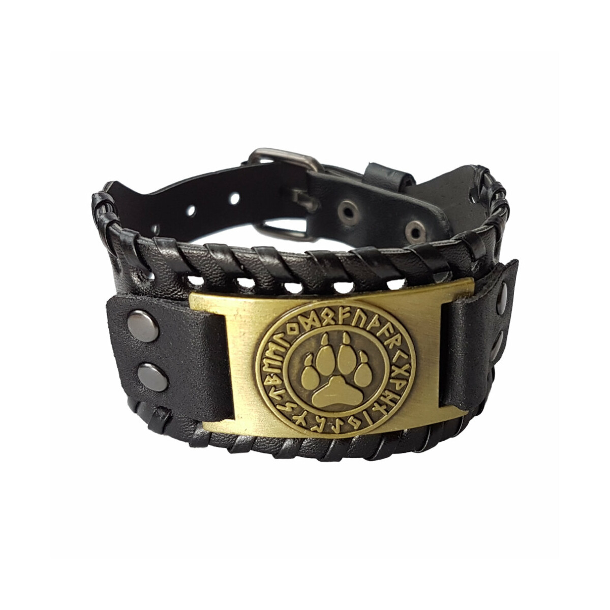 Leder Armband mit Motiv Wolfpfote mit nordischen Zeichen, 4x27cm Schwarz/messing von unbekannt