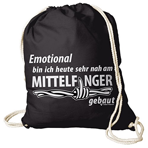 unbekannt Rucksack mit Spruch - Emotional bin ich heute sehr nah am Mittelfinger gebaut - Turnbeutel Baumwoll - Tasche Sporttasche Sport schwarz Beutel Gym Bag Sack Kultsack von unbekannt