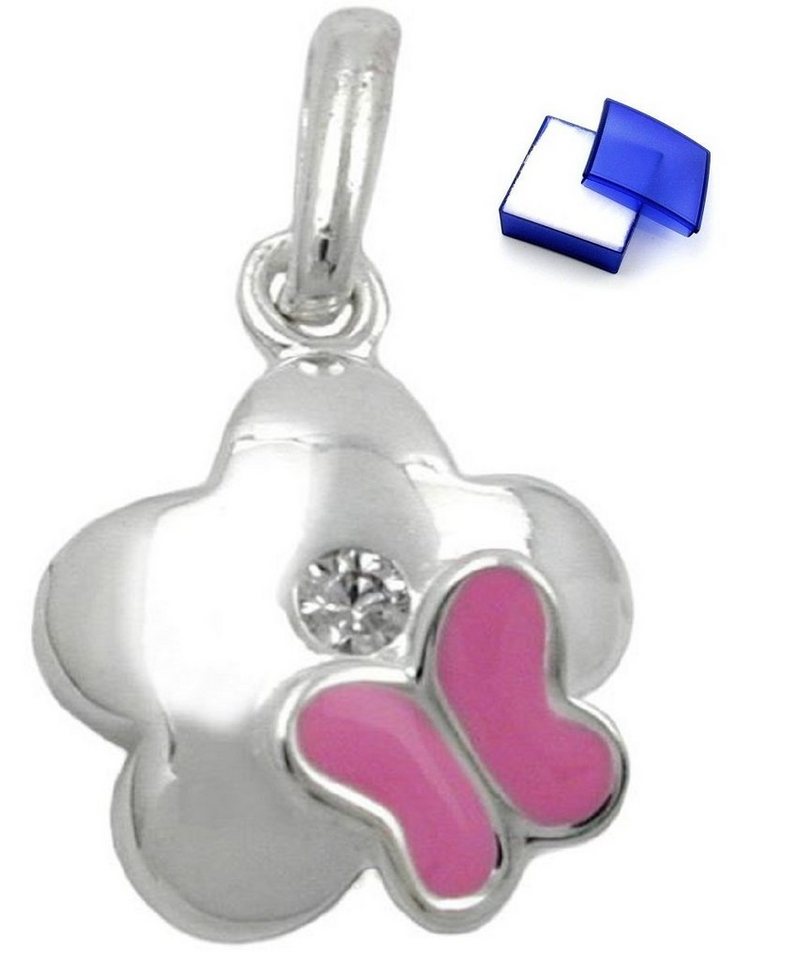 unbespielt Blumenanhänger Kettenanhänger Anhänger Blume mit Schmetterling und Zirkonia 925 Silber 10 mm inklusive Schmuckbox, Silberschmuck für Kinder von unbespielt