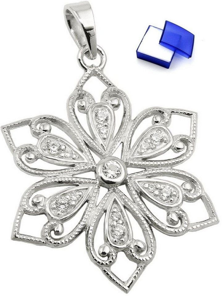 unbespielt Blumenanhänger Kettenanhänger Anhänger filigrane Blume mit Zirkonias glänzend rhodiniert 925 Silber 24 mm inkl. kleiner Schmuckbox, Silberschmuck für Damen von unbespielt