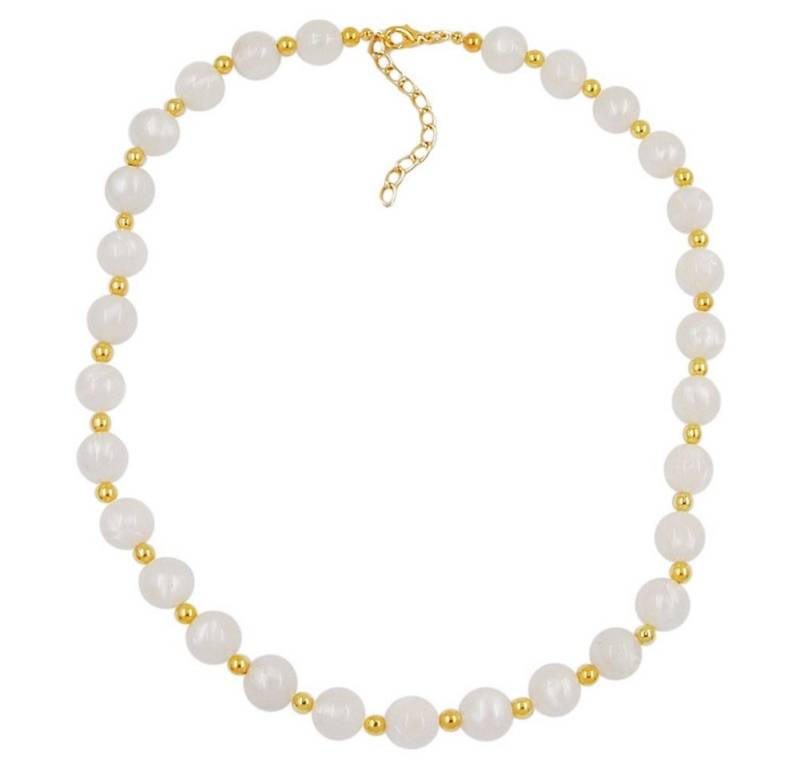 unbespielt Collier Perlenkette seidig-weiss und goldfarbene Kunststoffperlen 80 cm, Modeschmuck für Damen von unbespielt