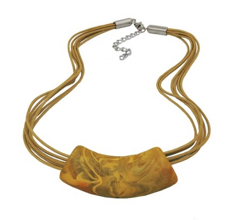 unbespielt Collier Rohr flach gebogen oliv-gelb-marmoriert matt Kunststoff 45 cm, Modeschmuck für Damen von unbespielt