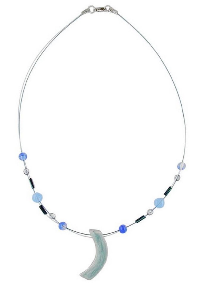 unbespielt Collier Drahtkette mit Glasperlen und Anhänger Sichel graublau 42 cm, Modeschmuck für Damen von unbespielt