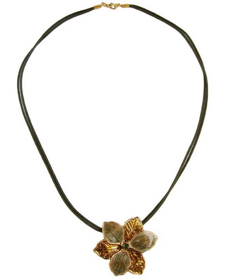 unbespielt Collier Kette Blume Metallanhänger oliv-gold emailliert Kordel oliv 50 cm, Modeschmuck für Damen von unbespielt