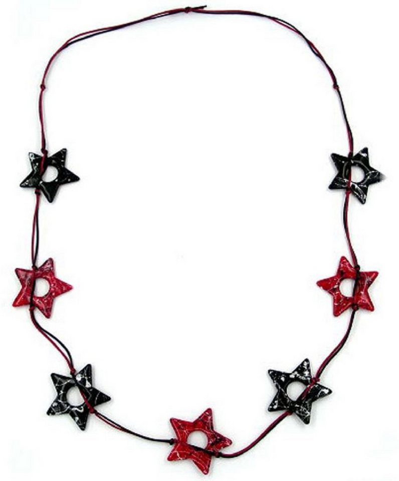 unbespielt Collier Kette Fünfzack-Sterne rot schwarz gesprenkelt Kunststoff Kordel 100 cm, Modeschmuck für Damen von unbespielt