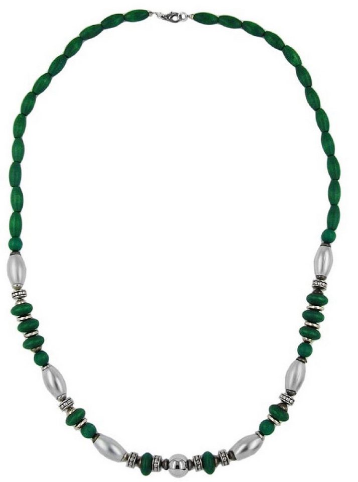 unbespielt Collier Kette Holzperlen grün mit Kunststoffperlen chrom matt 70 cm, Modeschmuck für Damen von unbespielt