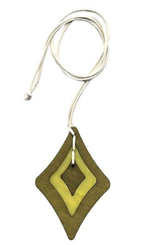 unbespielt Collier Kette Kunststoff-Anhänger Rhombus oliv-lindgrün Kordel beige 90 cm, Modeschmuck für Damen von unbespielt