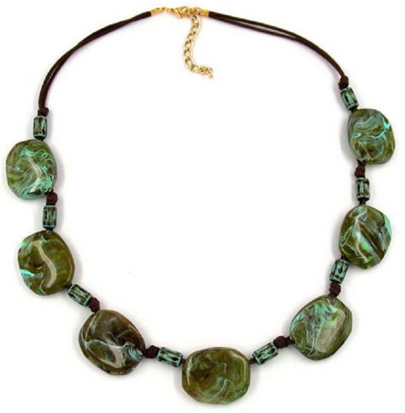 unbespielt Collier Kette Kunststoff-Perlen Kiesel oliv-türkis-marmoriert mit Kordel 50 cm, Modeschmuck für Damen von unbespielt