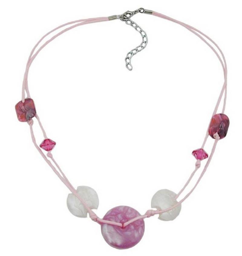 unbespielt Collier Kette Kunststoff-Perlen Scheibe rosa-seidig weiß Kordel 50 cm, Modeschmuck für Damen von unbespielt