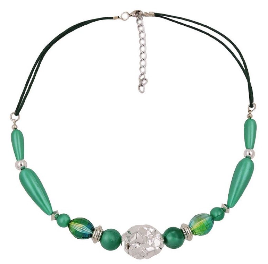 unbespielt Collier Kette Kunststoff-Perlen Strukturperle chrom seidig-grün Kordel 45 cm, Modeschmuck für Damen von unbespielt