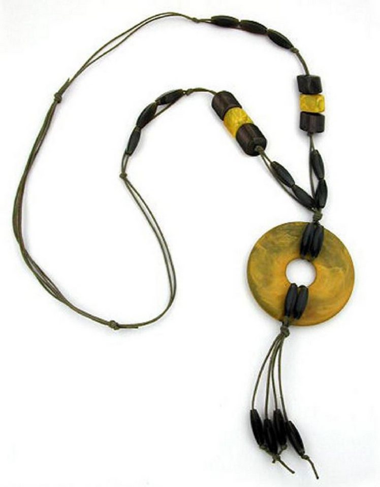 unbespielt Collier Kette Kunststoff Scheibe oliv-marmoriert matt 90 cm, Modeschmuck für Damen von unbespielt